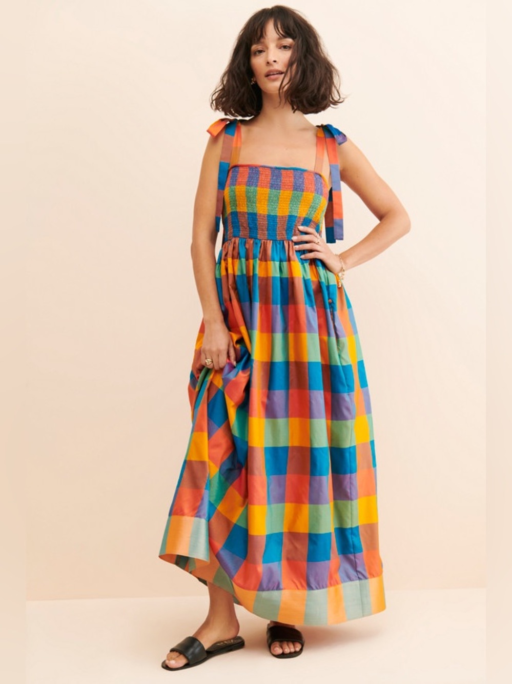 Payal Jain Design Smocked Bodice Checkered Madras Maxi Dress Sz S